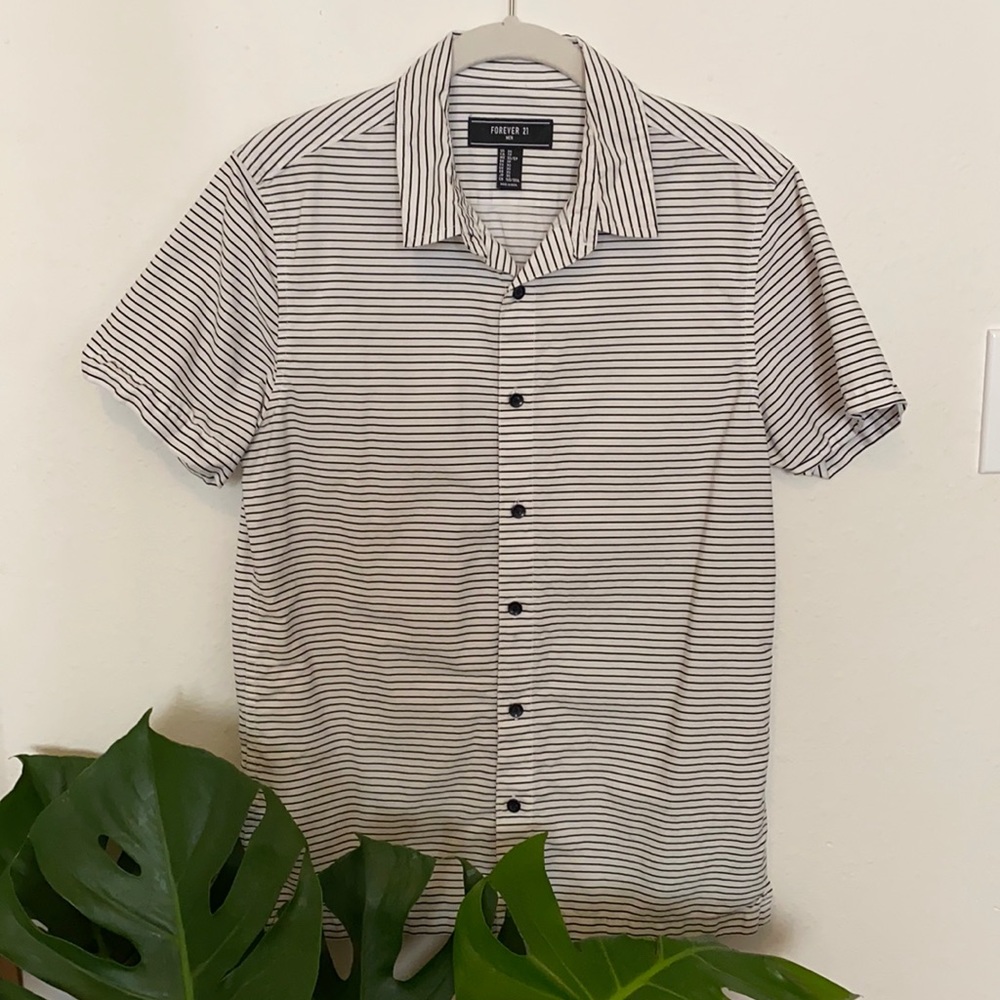 Monochrome striped short sleeve button up top